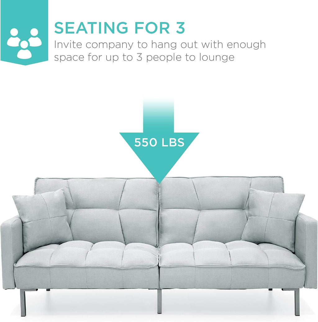 Best Choice Products Convertible Linen Fabric Tufted Split-Back Plush Futon Sofa Furniture for Living Room, Apartment, Bonus Room, Overnight Guests w/ 2 Pillows, Wood Frame, Metal Legs - Light Gray
