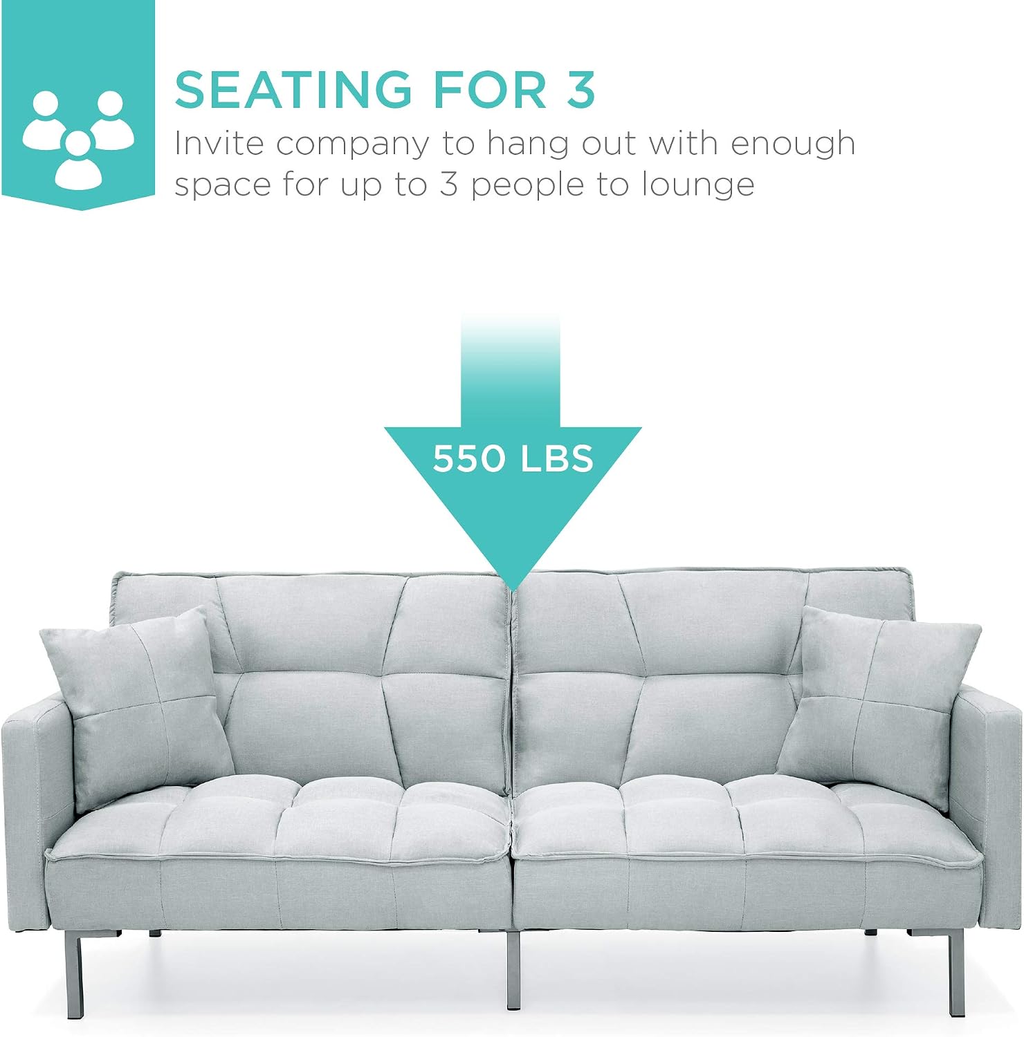 Best Choice Products Convertible Linen Fabric Tufted Split-Back Plush Futon Sofa Furniture for Living Room, Apartment, Bonus Room, Overnight Guests w/ 2 Pillows, Wood Frame, Metal Legs - Light Gray