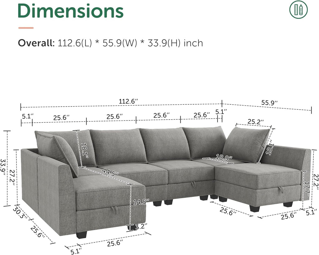 HONBAY Modular Sectional Sofa U Shaped Sectional Modular Sofa with Storage Convertible Sectional Couch for Living Room, Grey