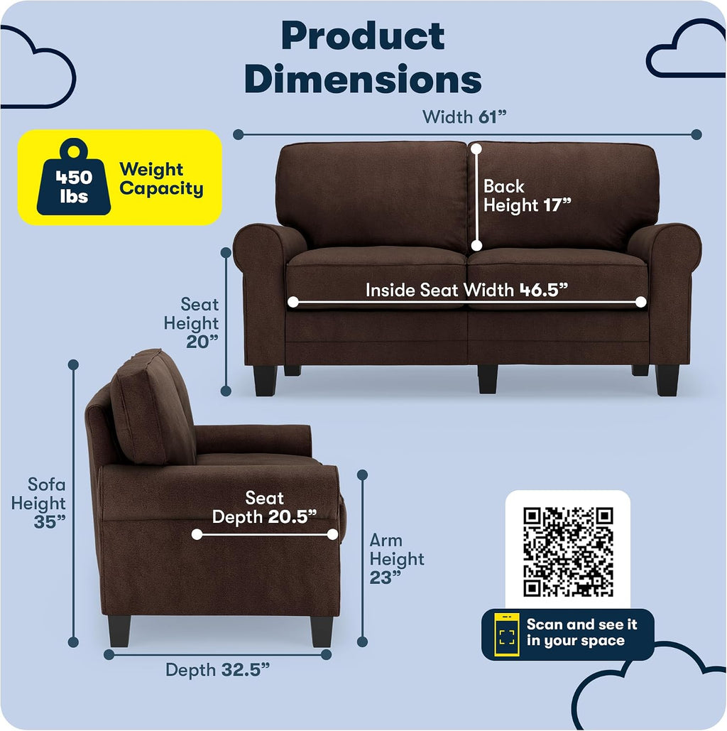 Serta Copenhagen 61' Rolled Arm Sofa, Easy Care Polyester, Soft Pillow Back, Pocket Coil Seat Cushions, Removable Covers, Loveseat or Couch for Small Spaces, Living Rooms or Bedrooms, Brown