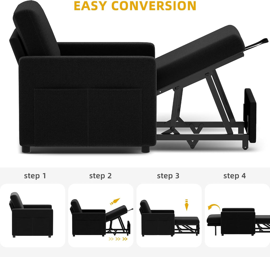 DWVO Convertible Sleeper Chair, 3-in-1 Sofa Bed with Reclining Backrest, 75' Single Sleeper Couch with Pull-Out Bed and Wide Armrest, Linen Futon Sofa for Dorm Apartment, Black