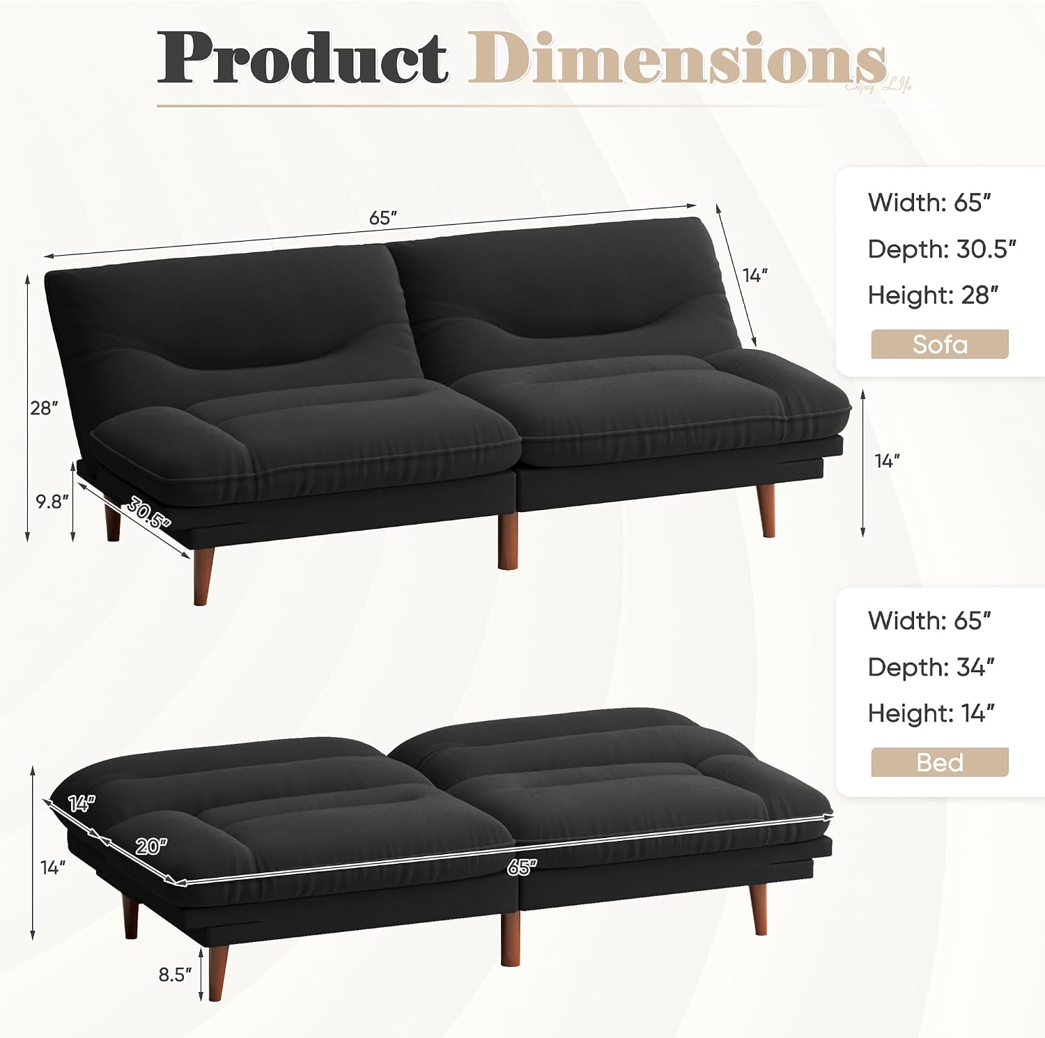 Homall Futon Sofa Bed, Modern Loveseat Futon Couch with Adjustable Backrest and Armrests, Sleeper Sofa Bed with Wood Frame for Living Room, Office, Apartment (Fabric, Black)