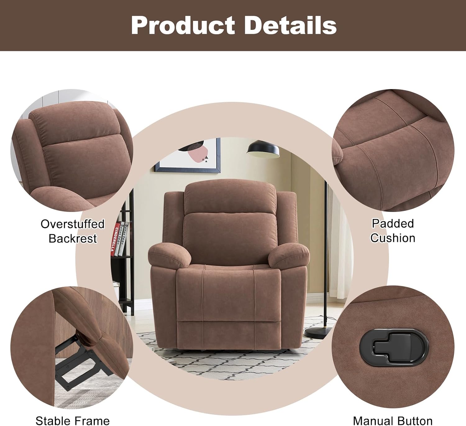 HAOMARKETS Rocker Recliner Chair Set of 2 for Adults, Manual Recliner Chair with Overstuffed Backrest and Armrests, Upholstered Rocking Reclining Sofa Chair for Living Room, Brown