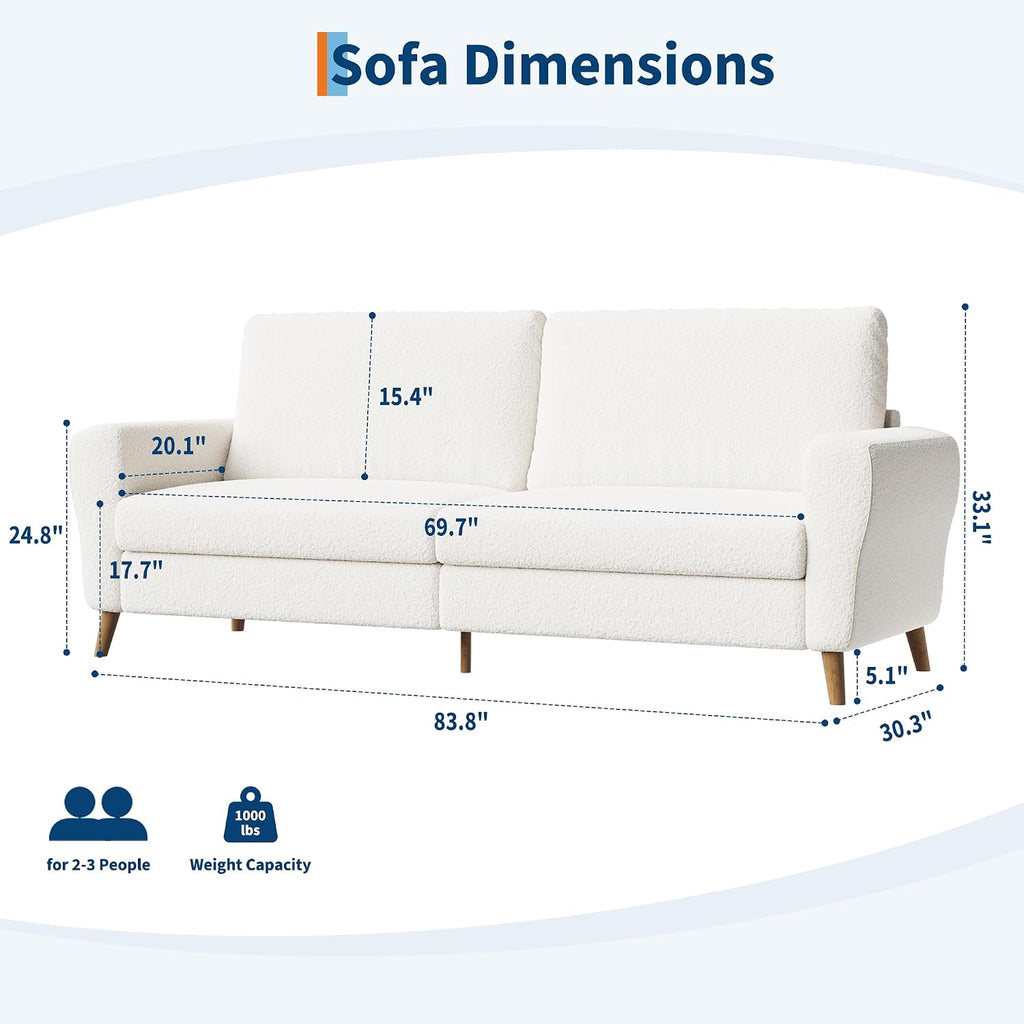GarveeHome 84 in Sofa Couch, Large Loveseat Sofa with Wide Armrests, Deep Seats & Wood Feet, 3 Seater Modern Boucle Sofa, Comfy Couches for Living Room Bathroom Small Spaces, White