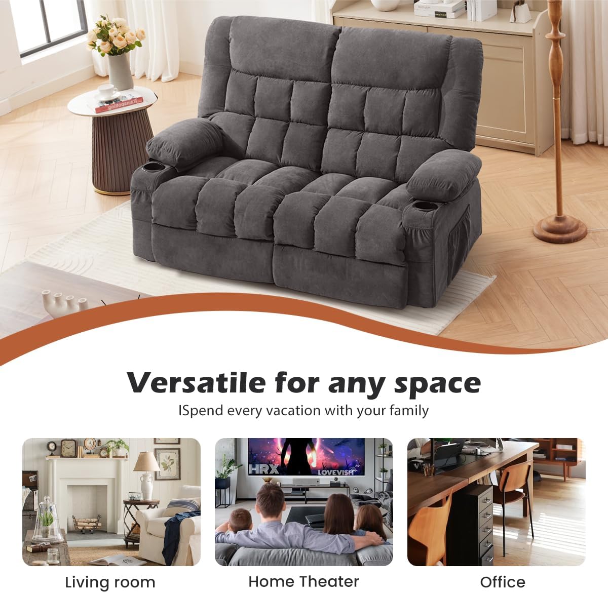MAHOMICO Recliner Loveseat with Cup Holders for Living Room Love Seat Manual Oversized Recliner with Ergonomic, Side Pocket for Adult
