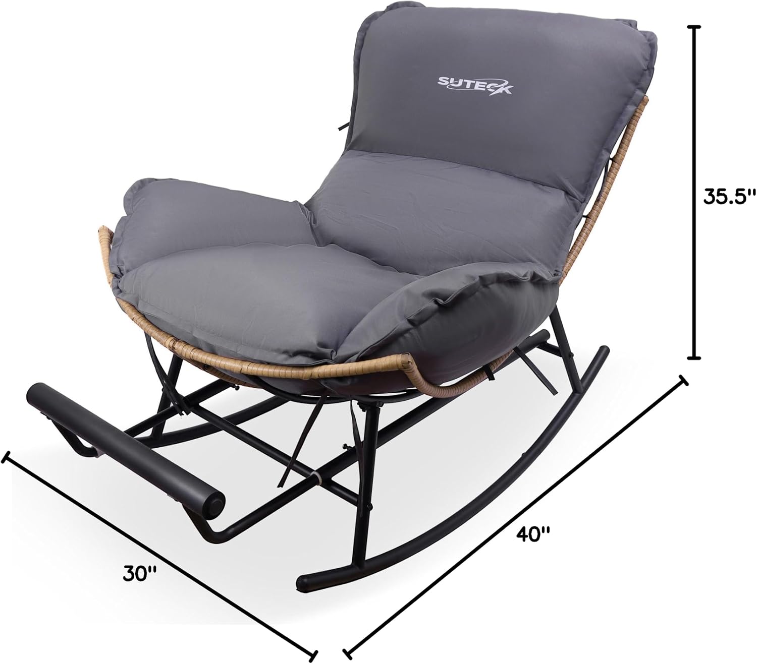Suteck Papasan Rocking Chair - Oversized Metal Rocking Chair with All Weather PE Wicker Rattan Rocker and Footrest for Patio, Balcony, Porch, Lawn and Living Room