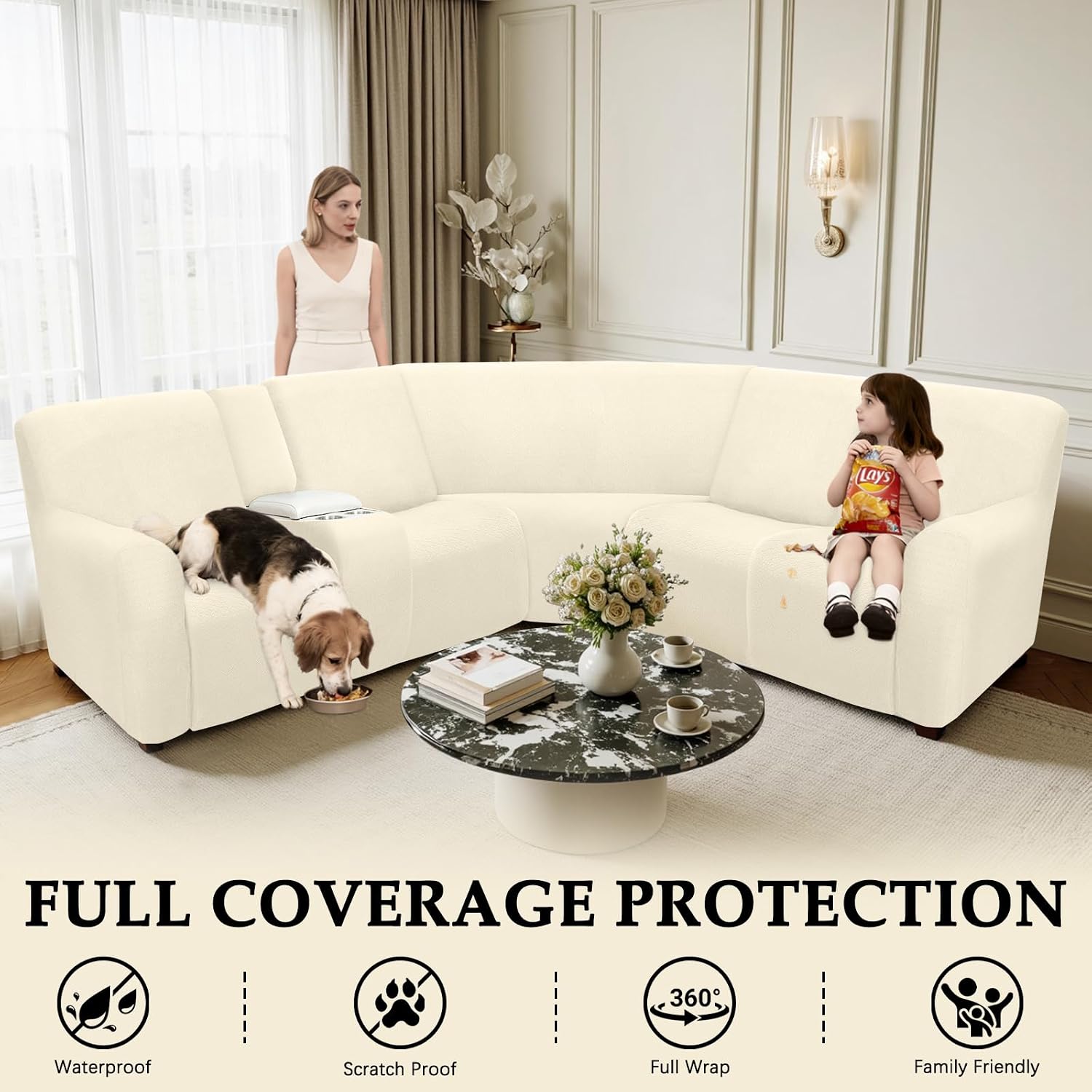 Waterproof Reclining Sectional Couch Covers Washable L Shaped Couch Cover for Sectionals Recliner Sofa Covers Stretch Corner Recliner Slipcovers for Dogs (5 Seater 1 Console Cover, Beige)