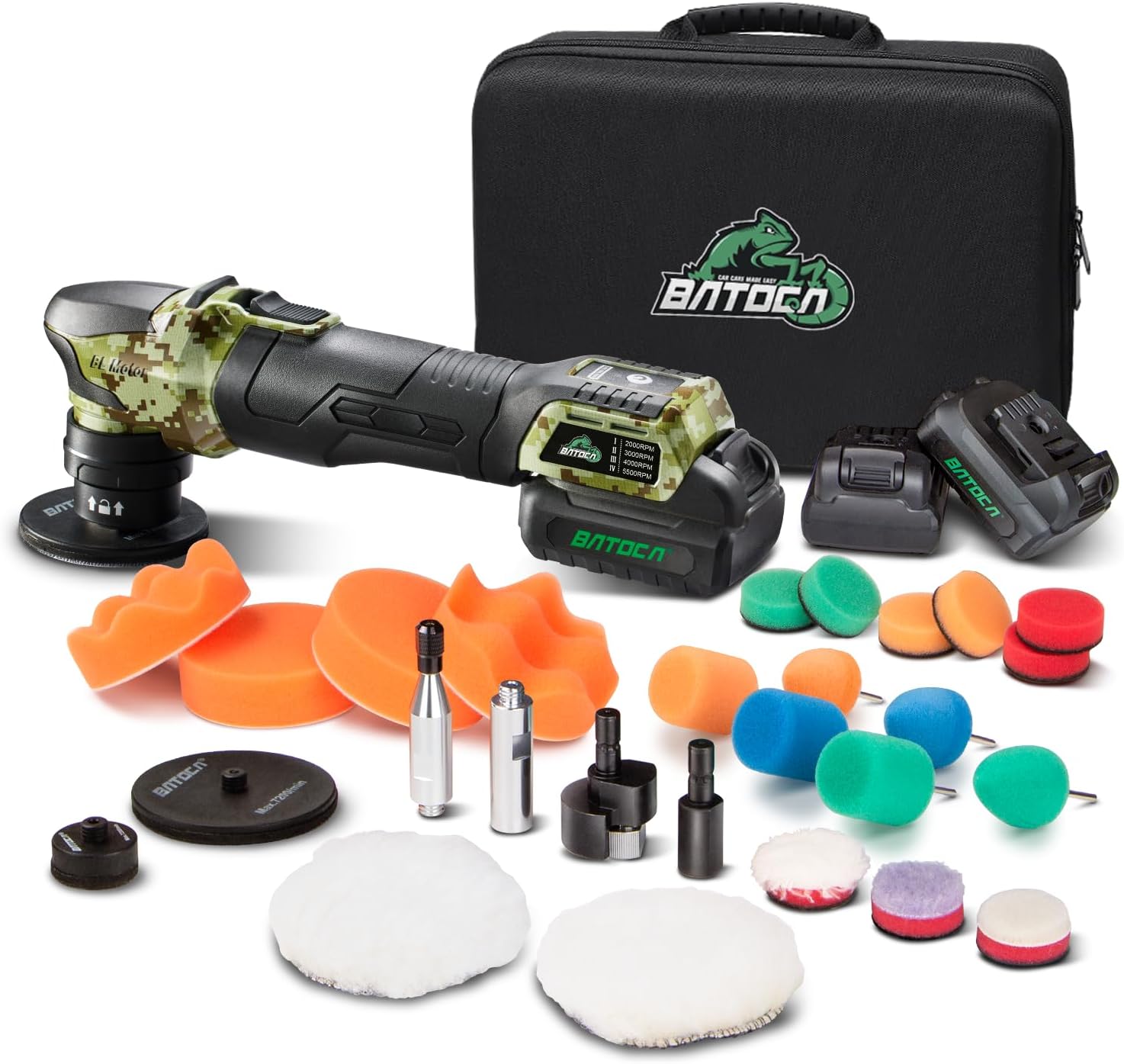BATOCA S4 Cordless Multi-Polisher-Set, with 2Pcs 12V 2.5Ah Batteries, RO&DA Car Buffer Polisher, 1&3inch Mini Brushless Polisher for Car Detailing, Camouflage Pattern Style