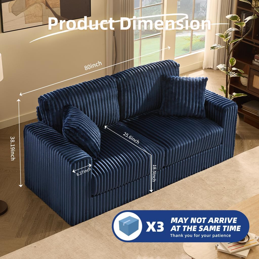 Cloud Couch Queen Sofa 80' 2-Seater Sofa(Not Boneless), Set of Modern Corduroy Loveseat with Deep Seats, High Backrest & Pocket Spring Cushions, Comfy Upholstered Couch for Living Room, Navy