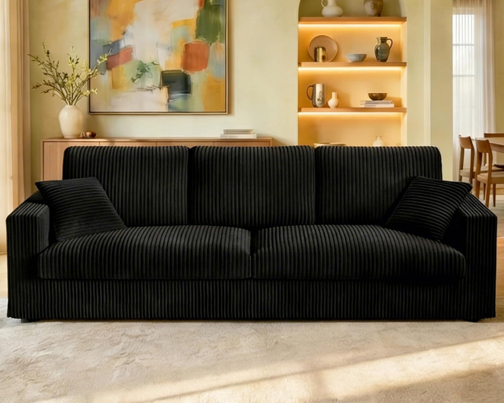 Welzona Corduroy Sofa Couch, 101' Comfy Couches for Living Room, Black | 24' Extra Deep Seat, Tool-Free Sofas, All-Wood Loveseat, 2 Pillows Included, 850lbs Load-bearing