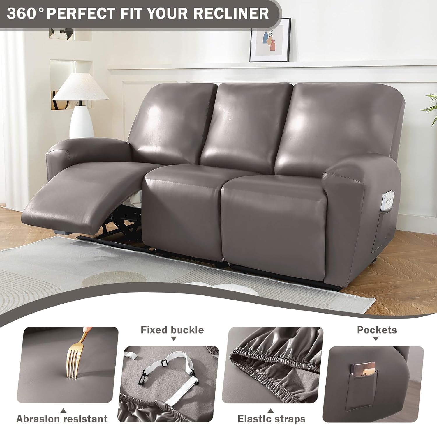 vctops 8 Pieces Waterproof Faux PU Leather Recliner Sofa Covers Stretch Soft 3 Seats Couch Cover Anti-Slip Sofa Slipcover Furniture Protector with Elastic Bottom for Kids Pet(Grey Brown,3 Seat)