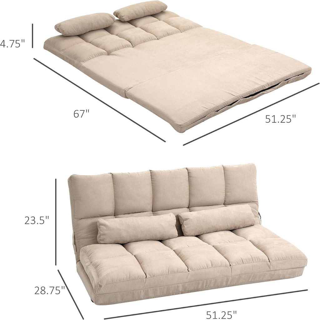 HOMCOM Convertible Floor Sofa Chair, Folding Couch Bed, Guest Chaise Lounge with 2 Pillows, Adjustable Backrest and Headrest, 51.25' L, Beige