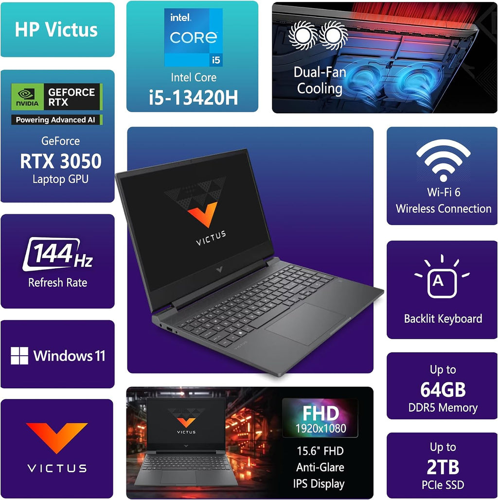 HP Victus 15 Gaming Laptop | 15.6' FHD IPS Anti-Glare 144Hz | Intel 8-Core i5-13420H | 32GB DDR4 1TB SSD | NVIDIA GeForce RTX 3050 6GB | Backlit Keyboard Fast Charging Win11 w/DLCA Accessory