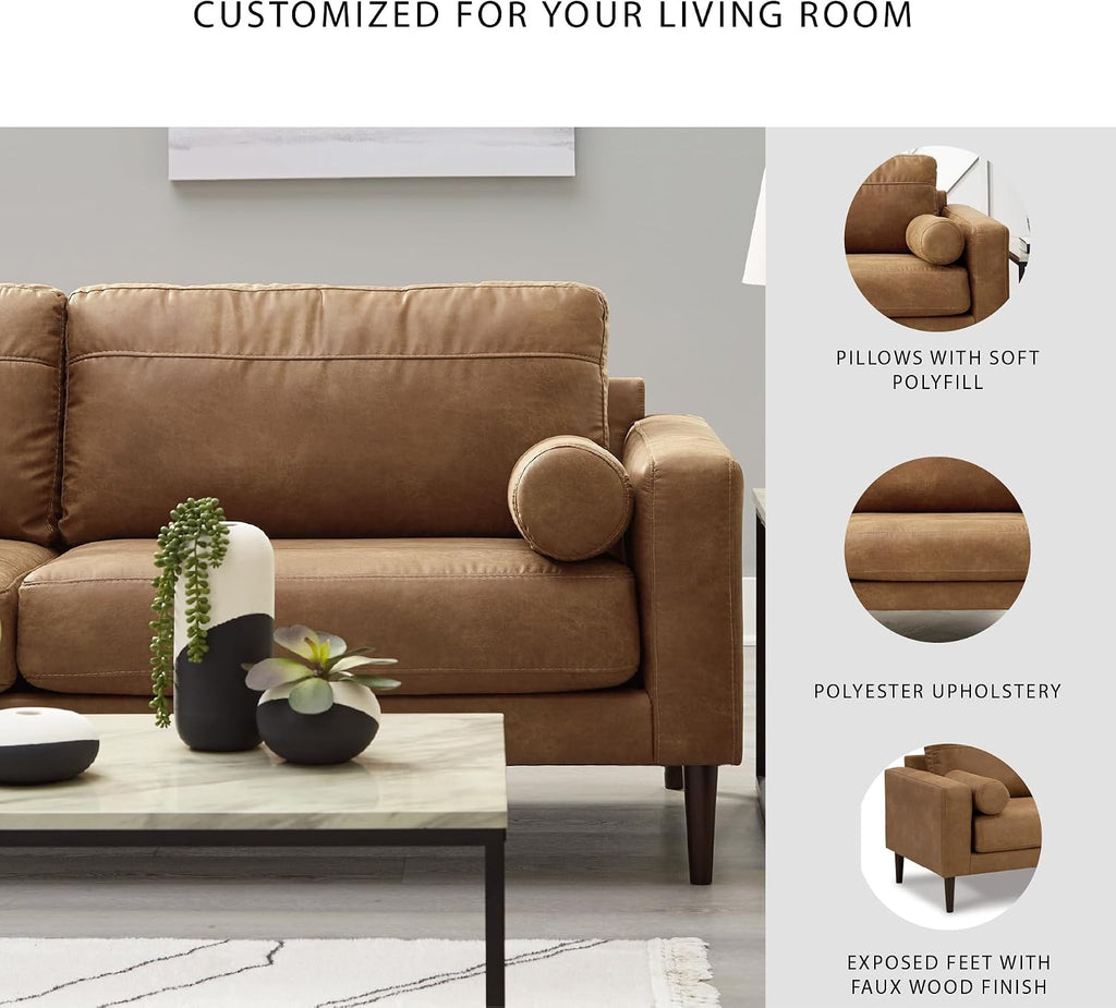 Signature Design by Ashley Telora Faux Leather Sofa, 2 Bolster Pillows, Loose Cushions, Faux Wood Finish Accent Legs, 85' W x 35' D x 35' H, Dark Brown