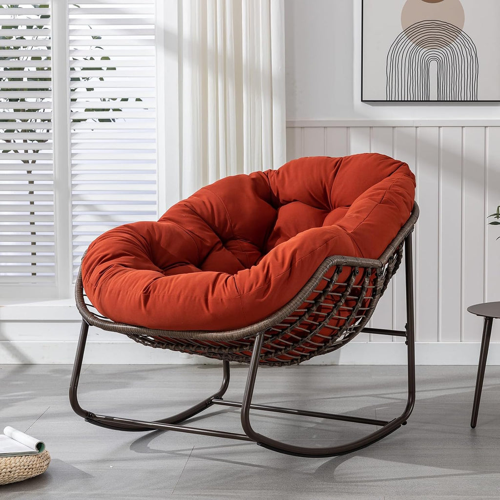 JEEOHEY Papasan Rocking Chairs Outdoor Indoor, Oversized Rattan Rocker Patio Chair with Padded Cushion, Comfy Modern Indoor Egg Chair for Living Room, Bedroom, Porch, Garden, Balcony(Velvet, Orange)
