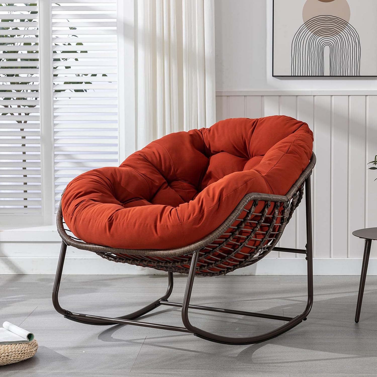 JEEOHEY Papasan Rocking Chairs Outdoor Indoor, Oversized Rattan Rocker Patio Chair with Padded Cushion, Comfy Modern Indoor Egg Chair for Living Room, Bedroom, Porch, Garden, Balcony(Velvet, Orange)