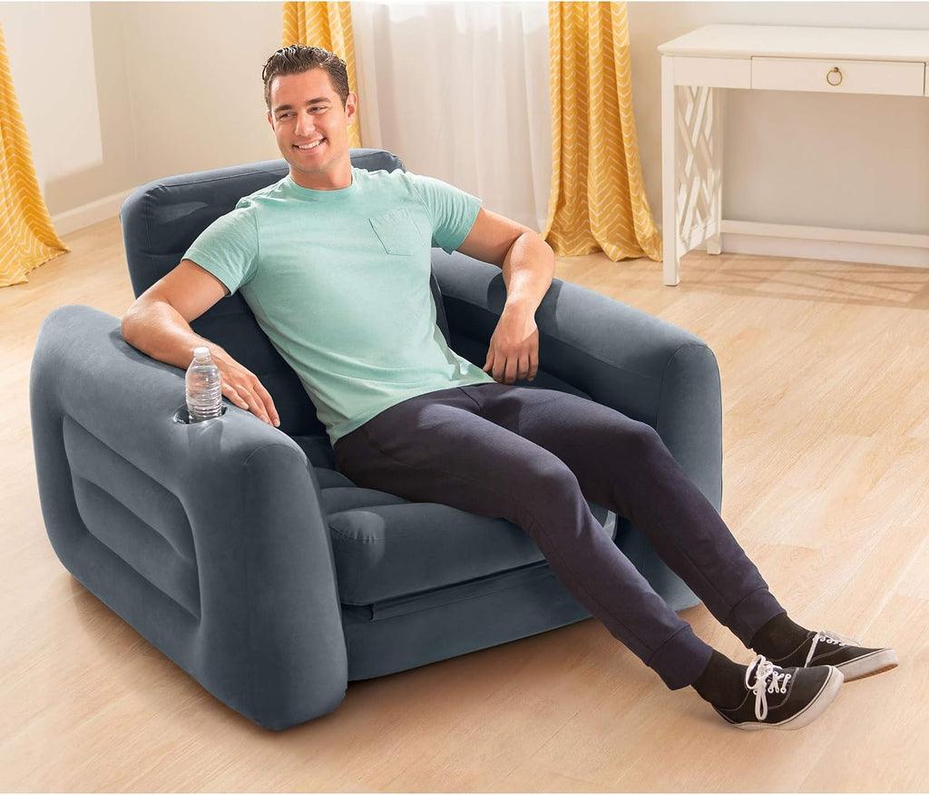 Intex 2 in 1 Inflatable Pull Out Sofa Chair and Twin Air Bed Mattress with Cup Holders for Indoor and Outdoor Use for Adults (3 Pack), Charcoal