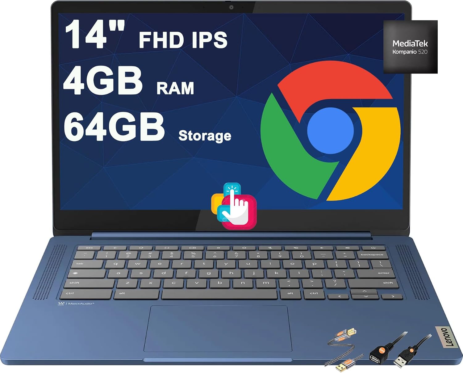 Lenovo IdeaPad Slim 3 Chromebook Laptop 14' FHD Touch (100% sRGB) MediaTek 8-core Kompanio 520 4GB RAM 64GB Storage Privacy Camera Type-C 13.5-hr Battery Life ICP Accessory