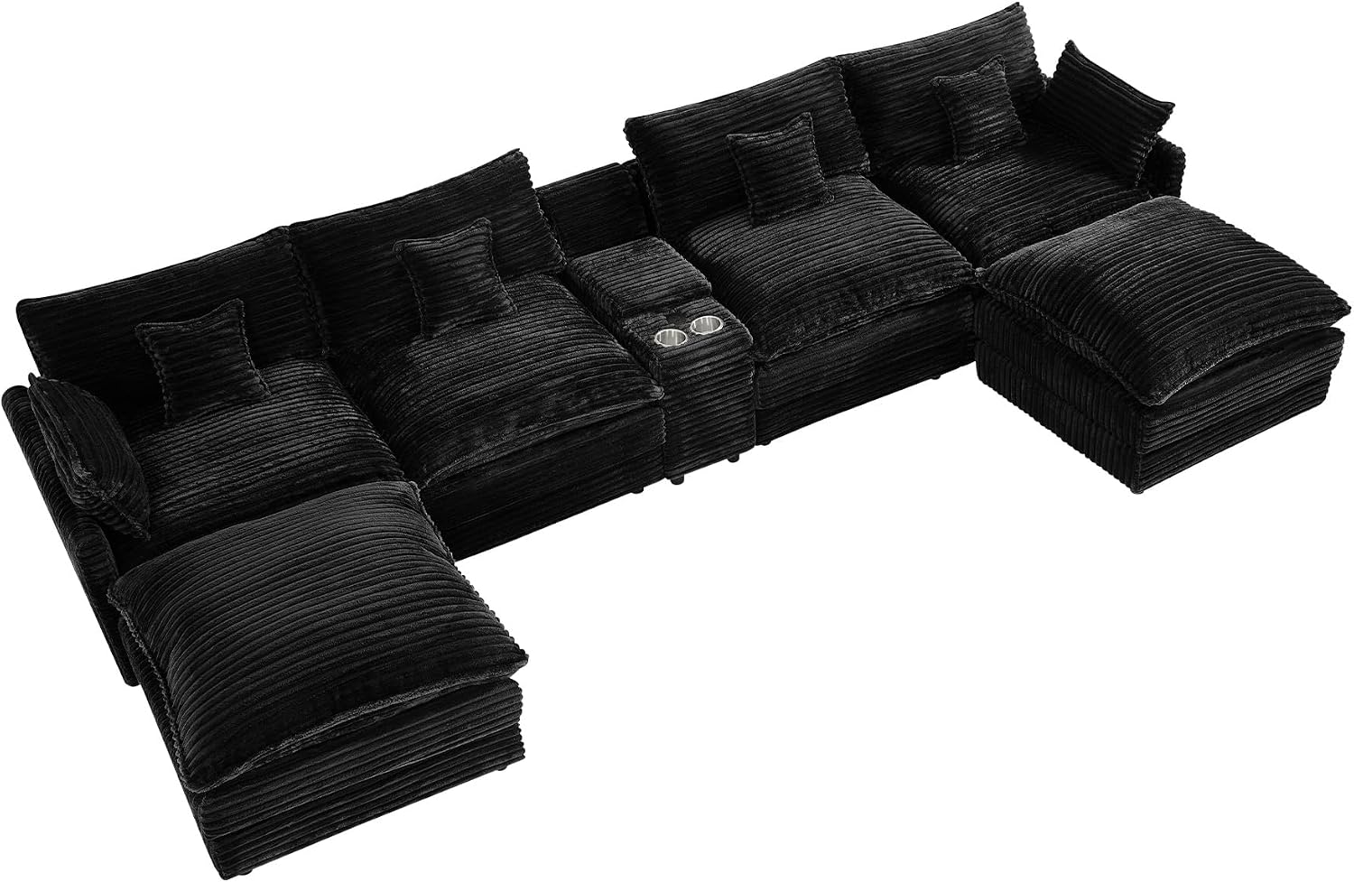 HYJT-H&K 145' U Shaped Cloud Couch Modular Dark Black Sectional Couches for Living Room, Comfy Fluffy Corduroy Oversized Cloud Sectional Couch Large 6 Seat Sectionals Sofa Set Central Console USB Port