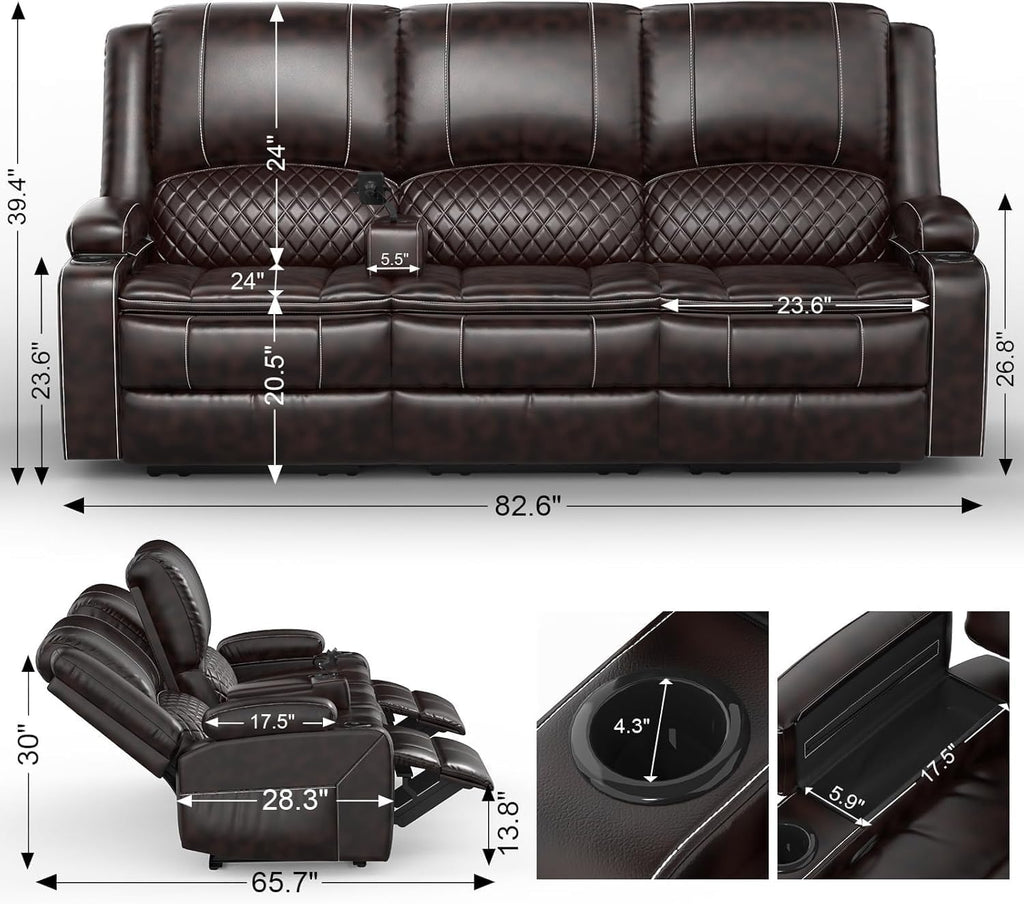 Yolsali 3-Seater Recliner Sofa, Manual Reclining Couch with Multi-Functional Middle Seat, Reclining Sofa for Living Room with Hidden Storage Space, Cup Holders, and Removable Console - PU Brown