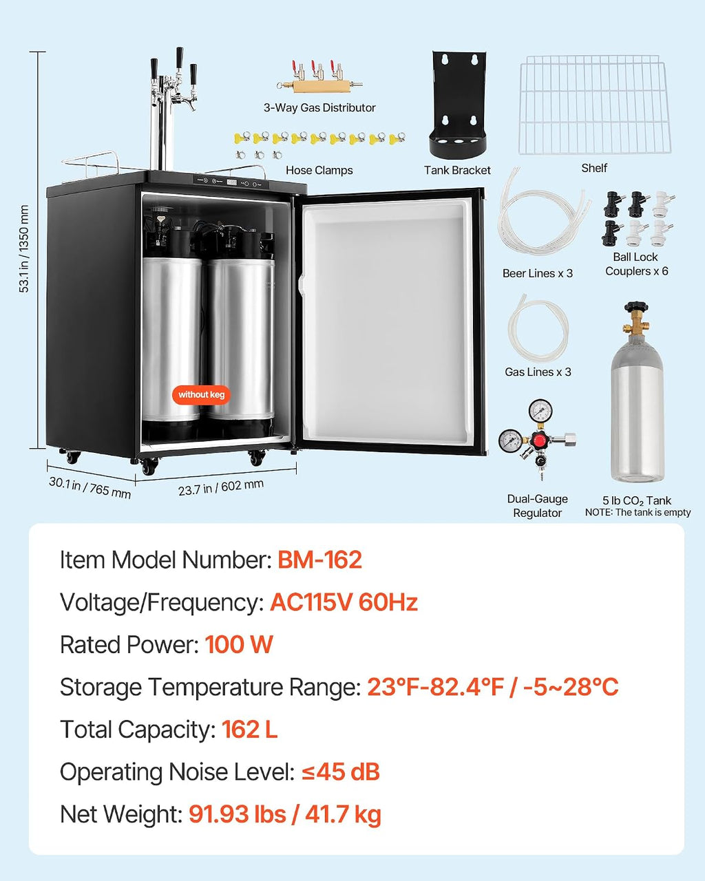 VEVOR Beer Kegerator, Triple Tap Commercial Draft Beer Dispenser for D system, Full Size Keg Refrigerator with 5lbs CO2 Tank, Hold 3 Sixth/2 Slim/3 Ball lock keg (3 taps - ball lock)