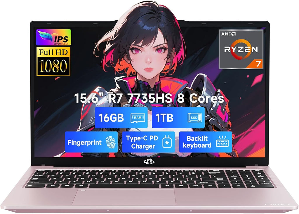 NIMO 15.6' IPS FHD Gaming-Laptop, AMD 8 Cores Ryzen 7 7735HS 16GB DDR5 RAM 1TB SSD (Beats i7-12650H, Up to 4.75GHz) Computer with Radeon 680M 100W Type-C Backlit Keyboard Fingerprint Unlock, Rose Gold