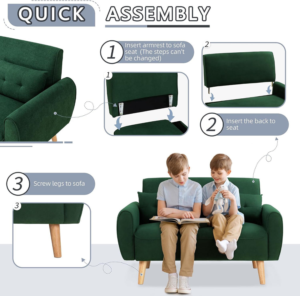 Shintenchi 48'' Loveseat Sofa, Mid-Century Modern Upholstered Couch Deep Seat with 2 Pillows, 10' Thick Cushion with Spring, Solid Wood Frame Small Couch for Living Room, Dorms & Office, Green