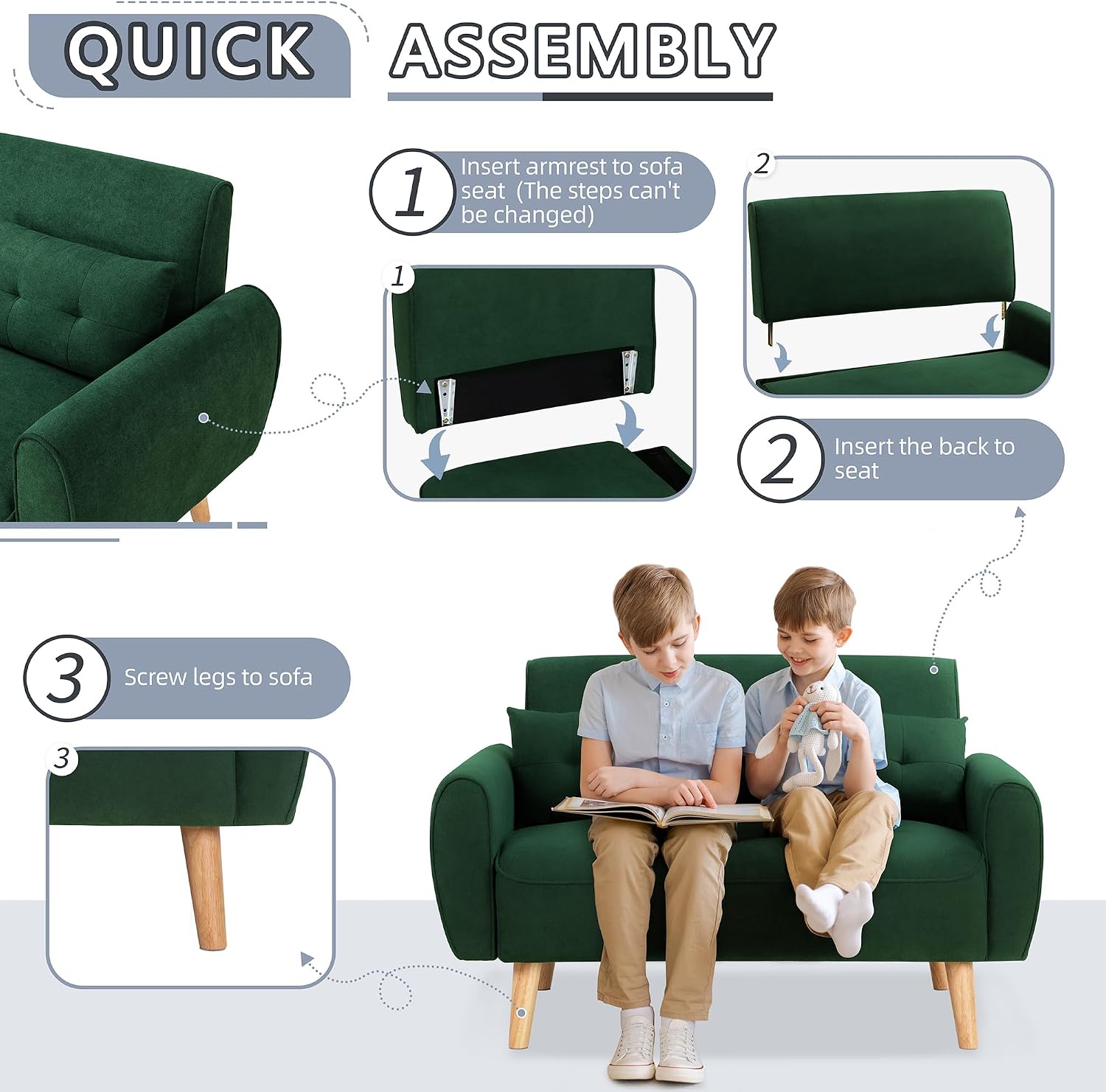 Shintenchi 48'' Loveseat Sofa, Mid-Century Modern Upholstered Couch Deep Seat with 2 Pillows, 10' Thick Cushion with Spring, Solid Wood Frame Small Couch for Living Room, Dorms & Office, Green
