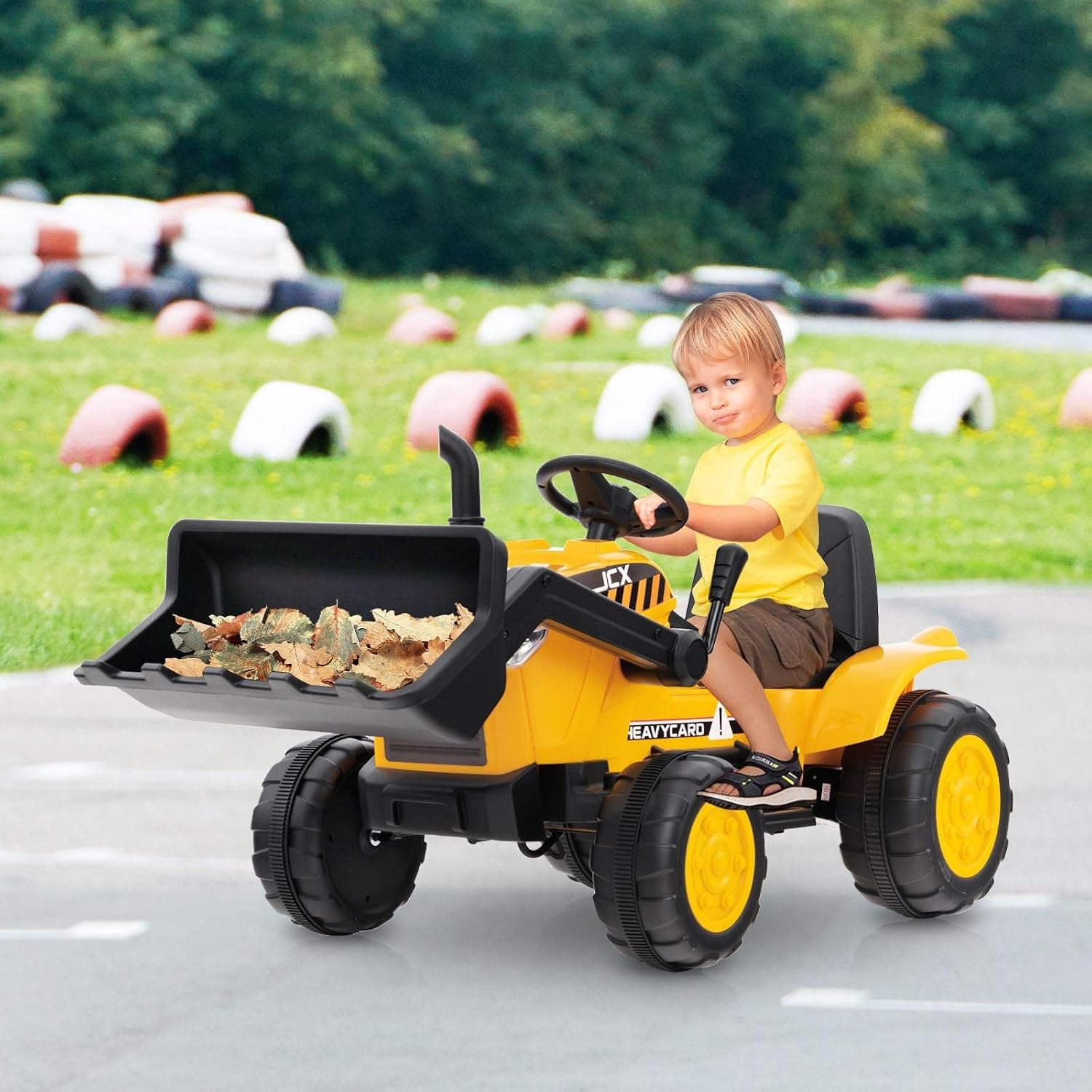 OLAKIDS Kids Ride on Car, 12V Electric Excavator Vehicle Construction Truck with Remote Control, Adjustable Bucket, Toddlers Battery Powered Bulldozer Tractor with 2 Speeds, Music, Citrine