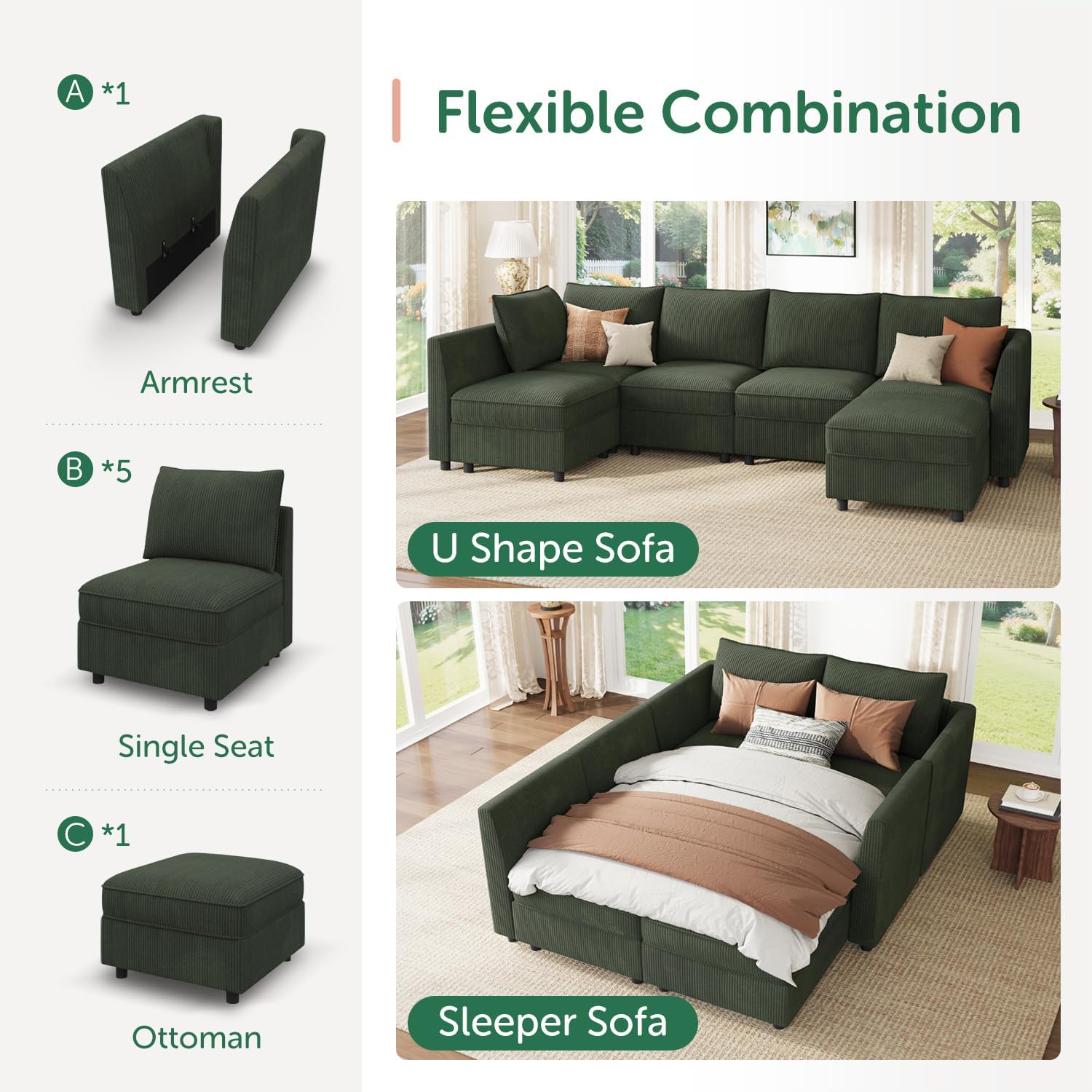 HONBAY Modular Sectional Sofa L Shaped Sectional Couch with Storage, Convertible Couches for Living Room - Green
