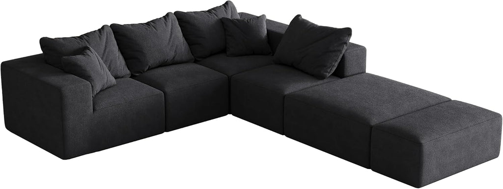 132' Modular Sectional Sleeper Sofa Couch, Modern Cloud Chenille Sectional Couch with Ottoman, Boneless U Shape Couches for Living Room, Free Combination, No Assembly Required, Black