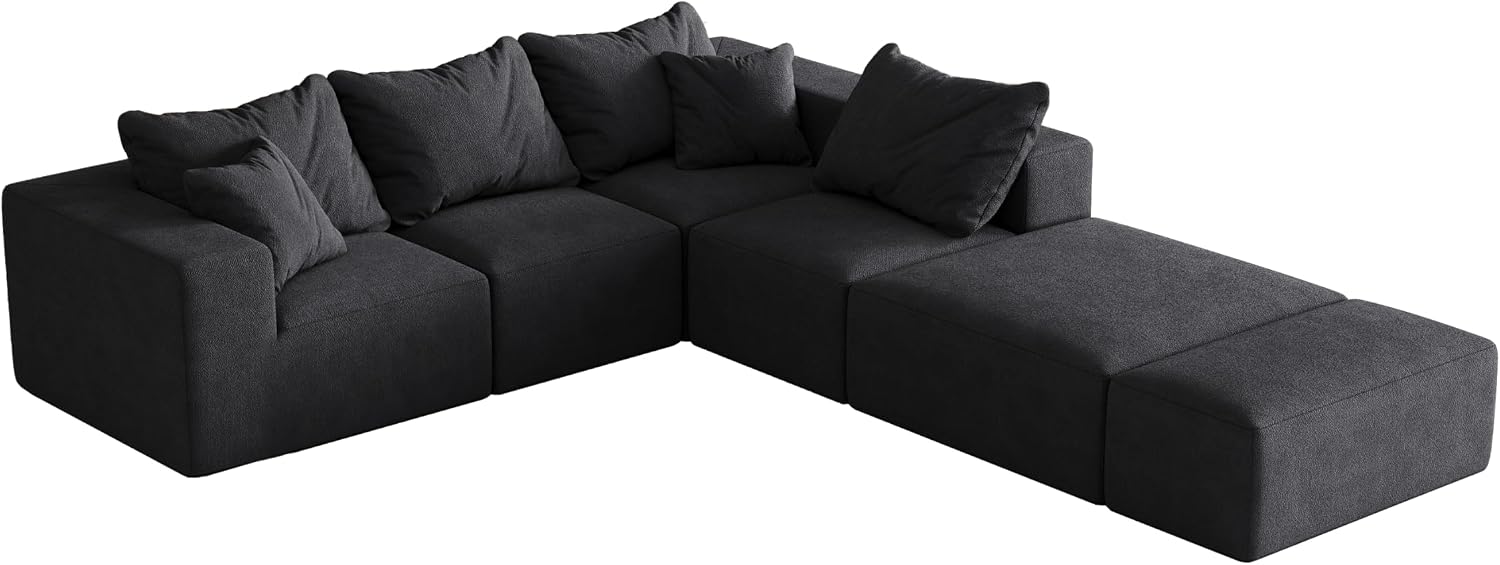 132' Modular Sectional Sleeper Sofa Couch, Modern Cloud Chenille Sectional Couch with Ottoman, Boneless U Shape Couches for Living Room, Free Combination, No Assembly Required, Black