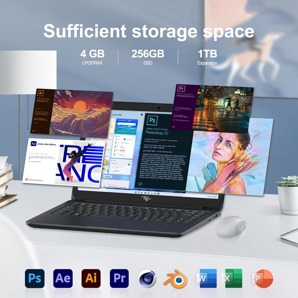 14' Itel Laptop Computer, Celeron N3350 (Dual-Core) | 4GB RAM | 256GB SSD | Ultra Slim Design | HDMI & USB 3.2 | 2.4G/5G WiFi | Webcam | for Home