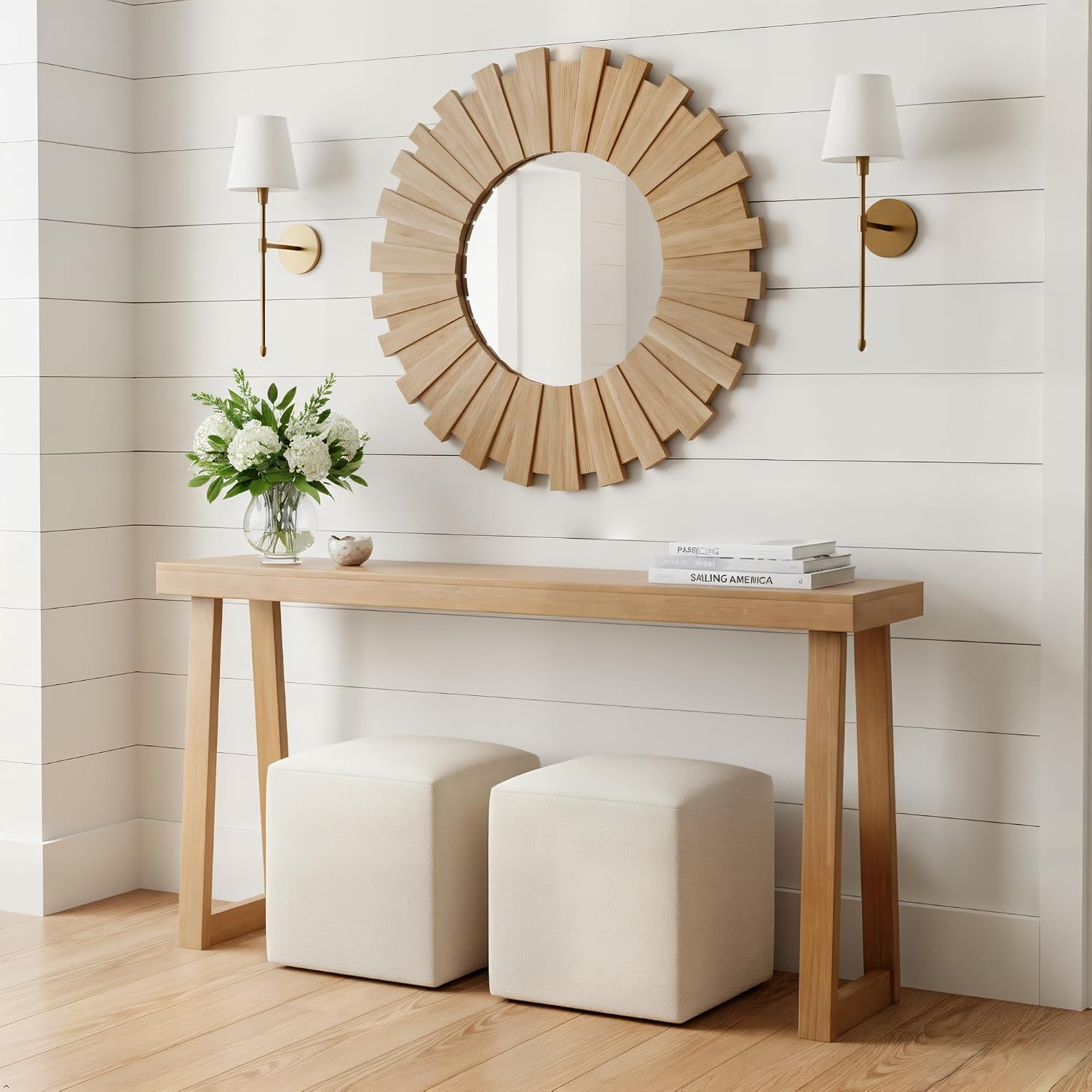 Plank+Beam Solid Wood Console Table, 66 Inch, Sofa Table, Narrow Entryway Table for Hallway, Behind The Couch, Living Room, Foyer, Easy Assembly, Pecan