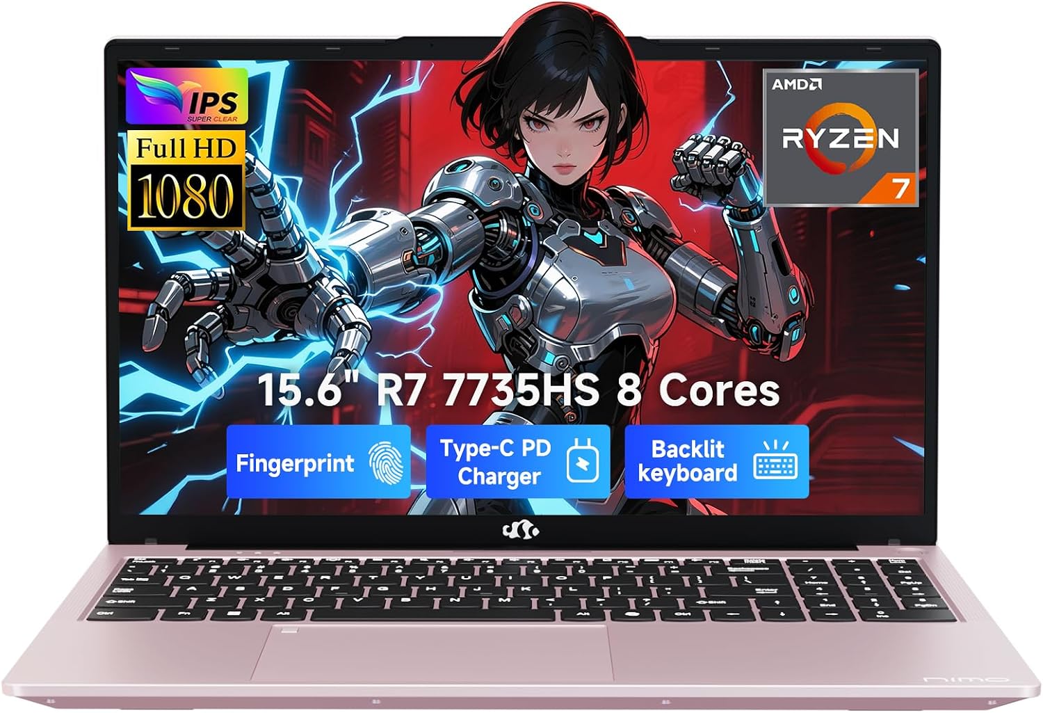 NIMO 15.6' IPS FHD-Gaming-Laptop, AMD Ryzen 7 7735HS 16GB DDR5 RAM 512GB SSD (8C/16T, Up to 4.75GHz) Computer Laptop with Radeon 680M Graphics 100W Type-C Backlit Keyboard Fingerprint