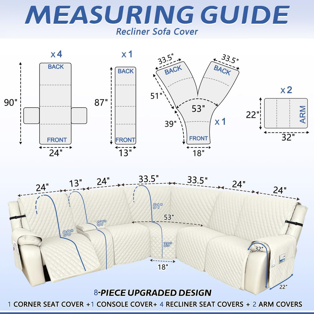 Arfntevss Recliner Sectional Couch Covers 1OO% Waterproof L Shape Sofa Cover for Reclining L Shaped Sectional Slipcover Dog Washable Corner Non Slip Protector (5 Seater with 1 Console, Cream White)