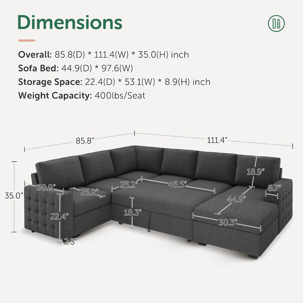 HONBAY Sectional Sleeper Sofa with Pull-Out Bed Storage Chaise, 6 Seater Couch for Living Room, Middle Grey