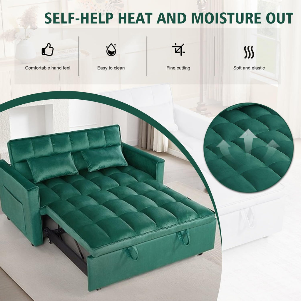 3 in 1 Convertible Sleeper Sofa Bed, 54'' Full Size Velvet Pull Out Futon Couch Recliner with Reclining Backrest & 2 Pillows, Small Loveseat Lounge Couches for Small Spaces (Dark Green)