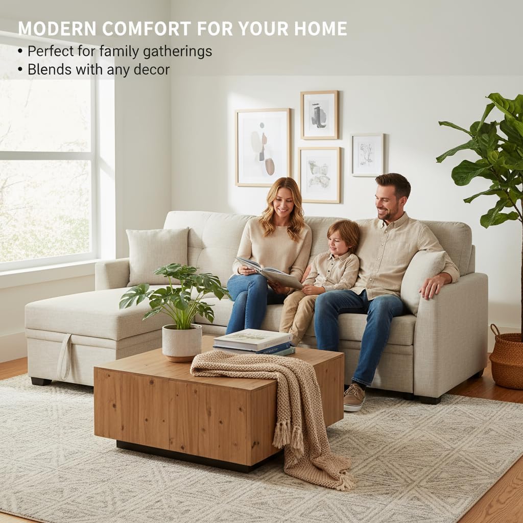 Sectional Sleeper Sofa with Pull Out Bed, L Shape Convertible Couch with Storage Chaise, Comfy Sleeper Couch, 2 in 1 Pull Out Sofa Bed with 2 Seats, for Living Room, Apartment, Beige