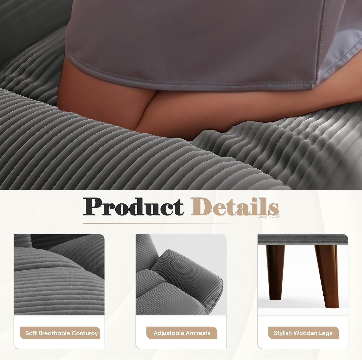 Homall Futon Sofa Bed, Modern Loveseat Futon Couch with Adjustable Backrest and Armrests, Sleeper Sofa Bed with Wood Frame for Living Room, Office, Apartment (Corduroy, Dove Gray)