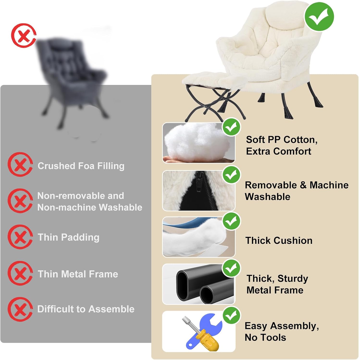 Furlide Lazy Chair with Ottoman, Modern Accent Chair with Armrests and a Side Pocket, Plush Beige Accent Chairs, Reading Chairs, Oversized Armchairs for Bedroom, Study, Living Room, Courtyard