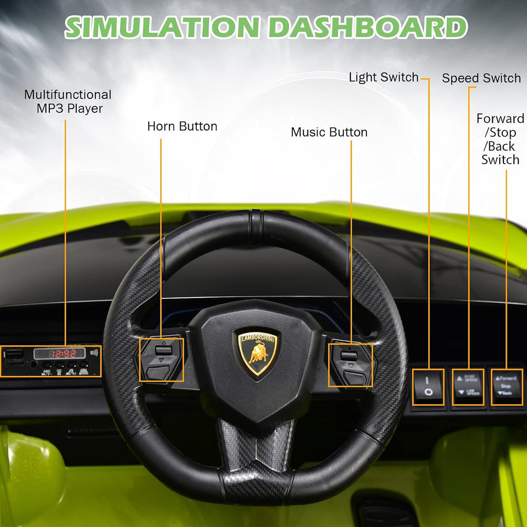INFANS 12V Licensed Lamborghini Sian Kids Ride On Car with Parent Remote Control, Spring Suspension, MP3 Player, Electric Toy Roadster Carbon Fiber Textured for Toddler (Green)