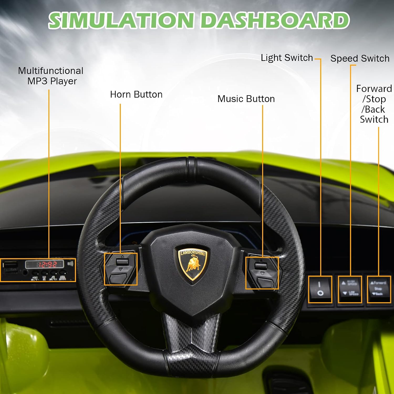 INFANS 12V Licensed Lamborghini Sian Kids Ride On Car with Parent Remote Control, Spring Suspension, MP3 Player, Electric Toy Roadster Carbon Fiber Textured for Toddler (Green)