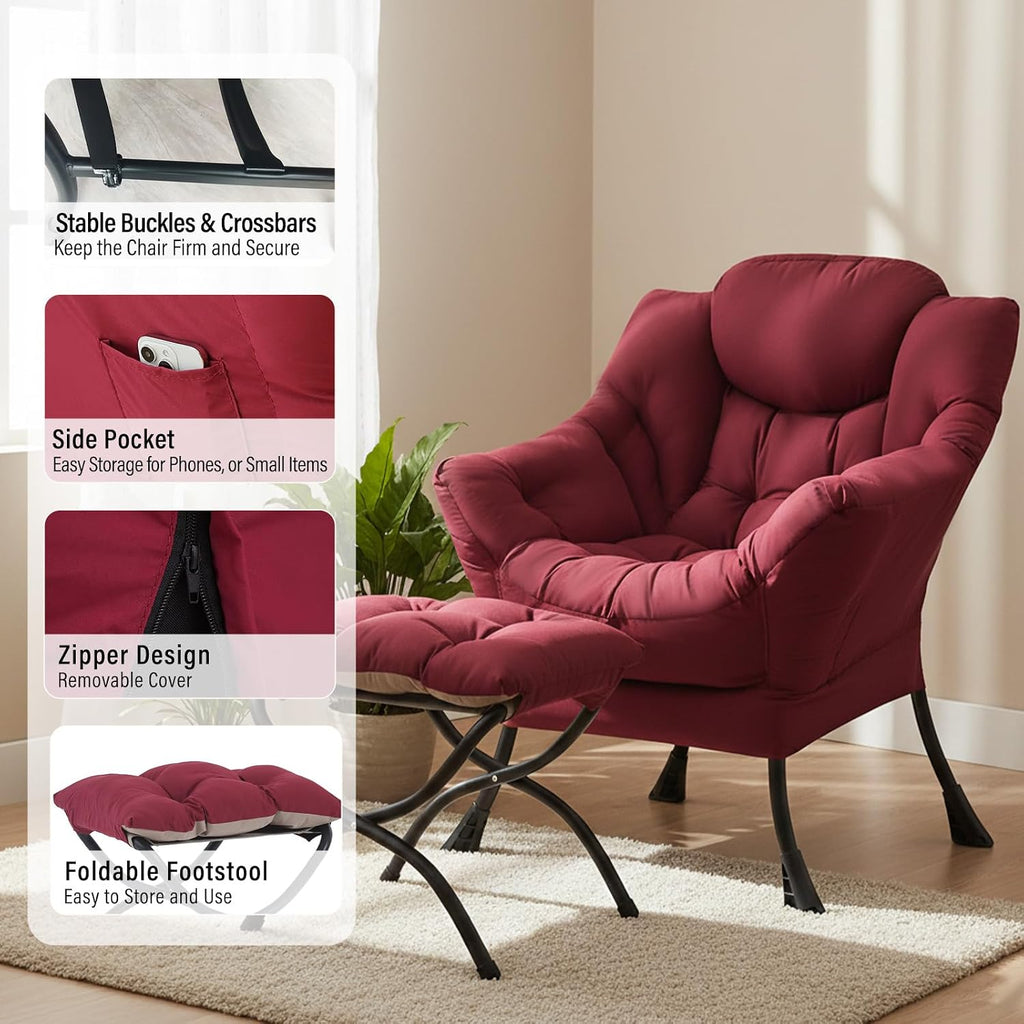 Furlide Lazy Chair with Ottoman, Modern Accent Chairs with Folding Footrest, Burgundy Sofa Chair Set, Comfortable Reading Chairs, Oversized Armchairs for Bedroom, Study, Living Room, Courtyard