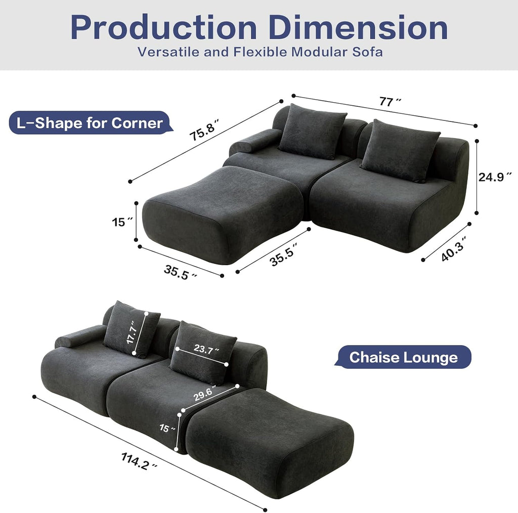 Modern L-Shape Cloud Sofa, 114' Modular Sectional – Boneless Design in a Box, Upholstered Chaise Lounge for Living Room & Bedroom, No Assembly Needed, Cool Gray