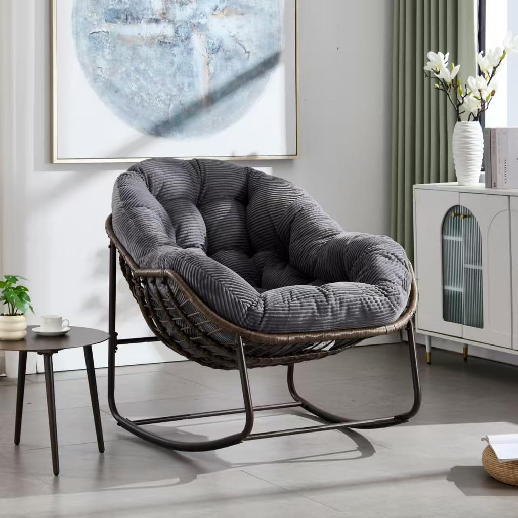 Oversized Indoor Outdoor Rocking Papasan Chair, Rattan Wicker Egg Rocking Chair with Steel Frame & Thick Corduroy Cushion, Comfy Recliner Lounger for Patio, Backyard, Balcony, Garden, Grey