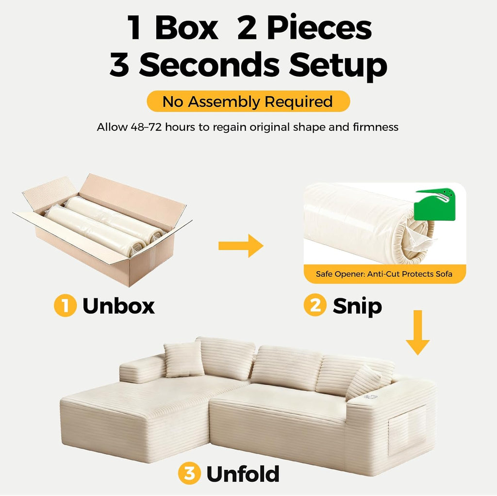 CAMMOO 108' Cloud Sectional Couch in One Box, Compressed Modular Sectional Sofa with Deep Seat, Corduroy Boneless Couches, L-Shaped Sofa for Living Room, 4 Storage Pockets(Left Facing Chaise, Beige)