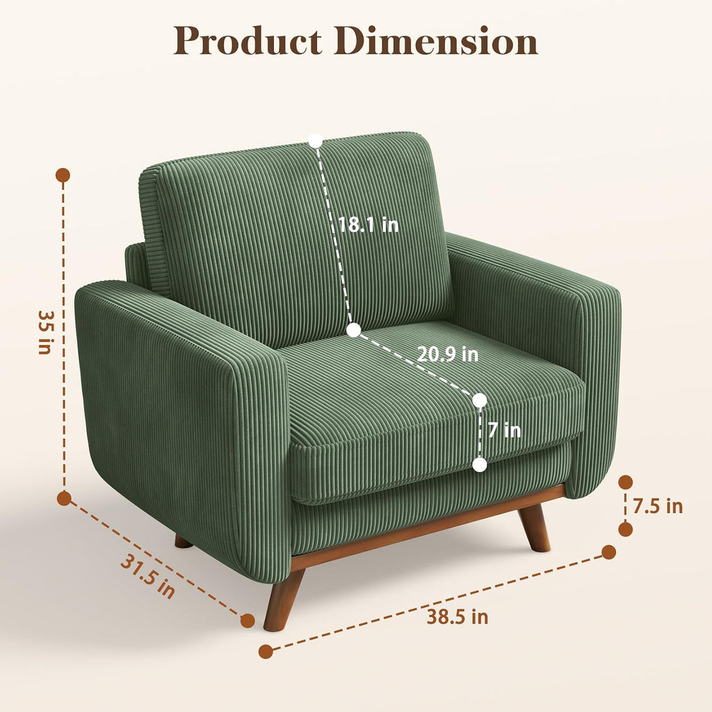 Vesgantti 38.5' Accent Chair Green, Comfy Corduroy Single Sofa Seat with Spring Cushion, Upholstered Armchair with Deep Seat, Reading Chair for Adults, Modern Sofa for Living Room, Bedroom