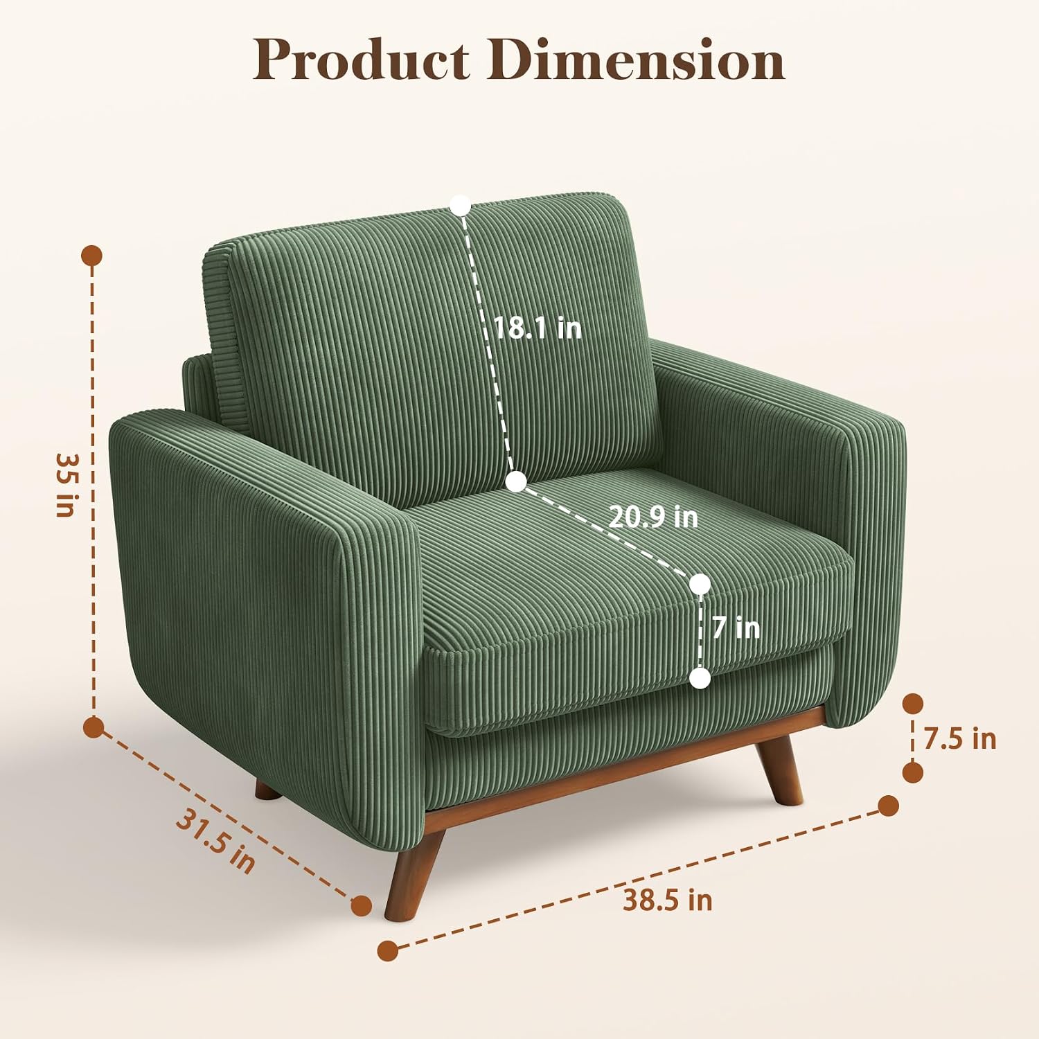 Vesgantti 38.5' Accent Chair Green, Comfy Corduroy Single Sofa Seat with Spring Cushion, Upholstered Armchair with Deep Seat, Reading Chair for Adults, Modern Sofa for Living Room, Bedroom