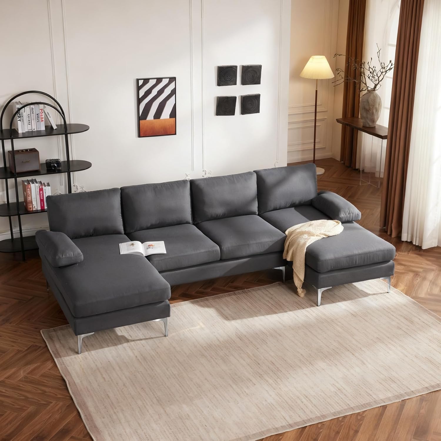 Karl home 110' Sectional Sofa U-Shaped 4-Seat Couch with Chaises Linen Fabric Upholstered for Living Room, Apartment, Office, Dark Gray